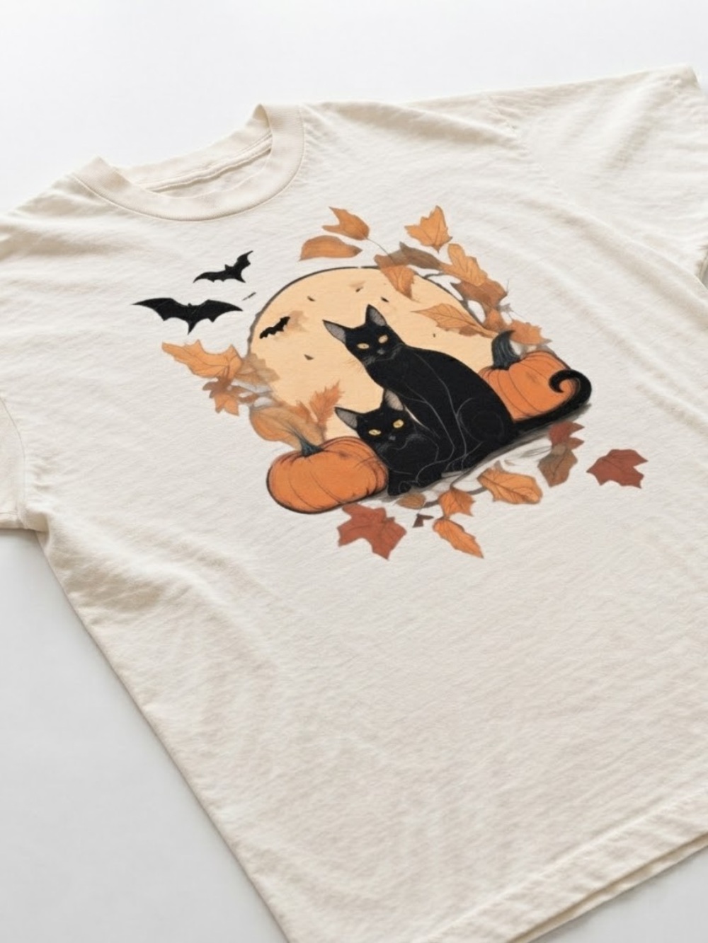 Off White Short Sleeve Tee with Black Cat Fall Graphic - Picture 2 of 3